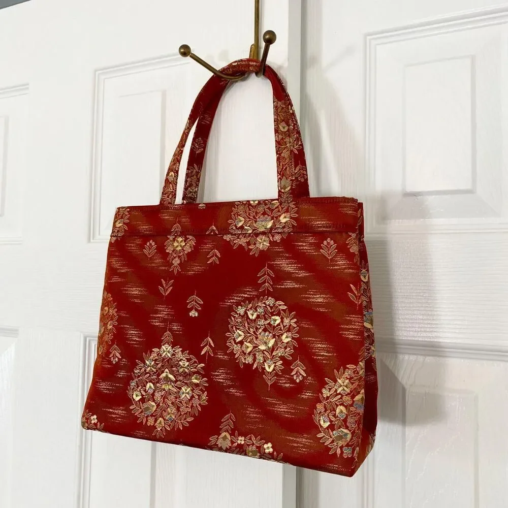 Vintage 90s Asian Boho Retro Orange Gold Top Handle Tapestry Mini Bag